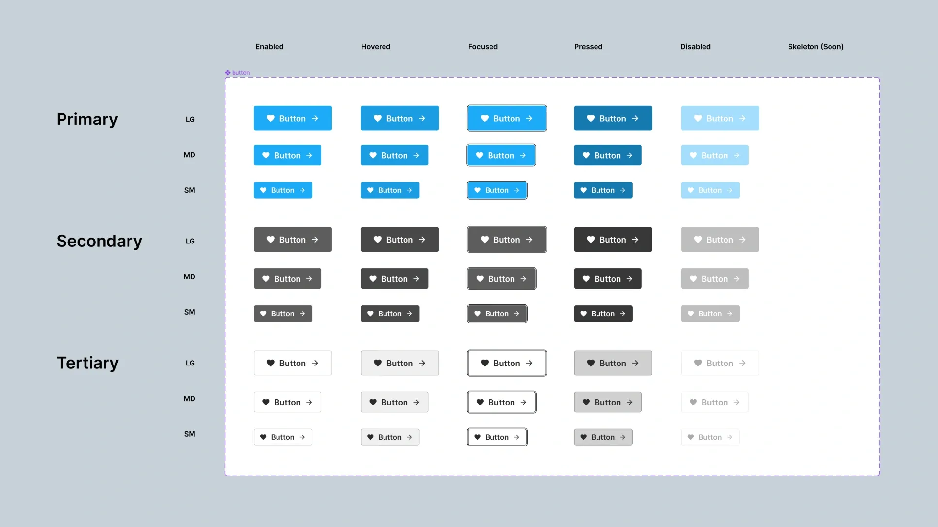 Variantes y estados del componente Button del UX fomo Design system